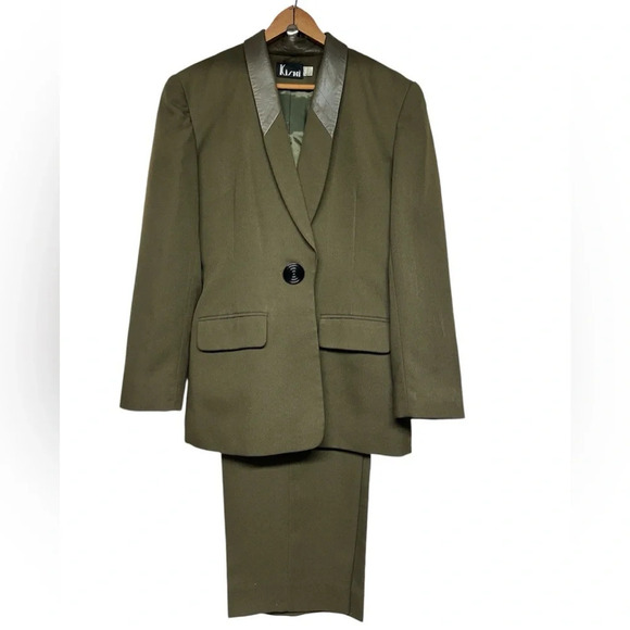Kishi Pants - Vintage 1980s Kishi Olive Green Blazer and Trouser Set